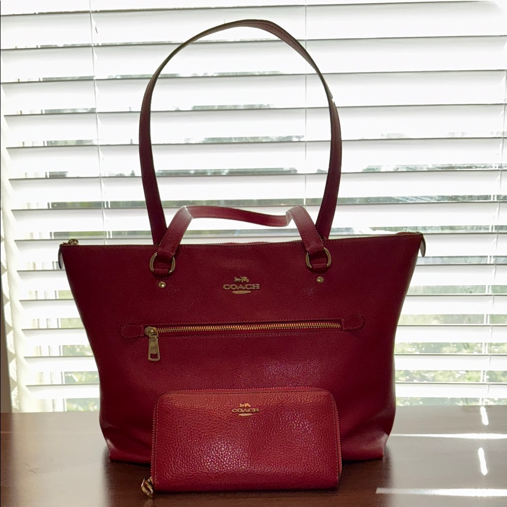 Coach Red Leather Tote and Wallet Set